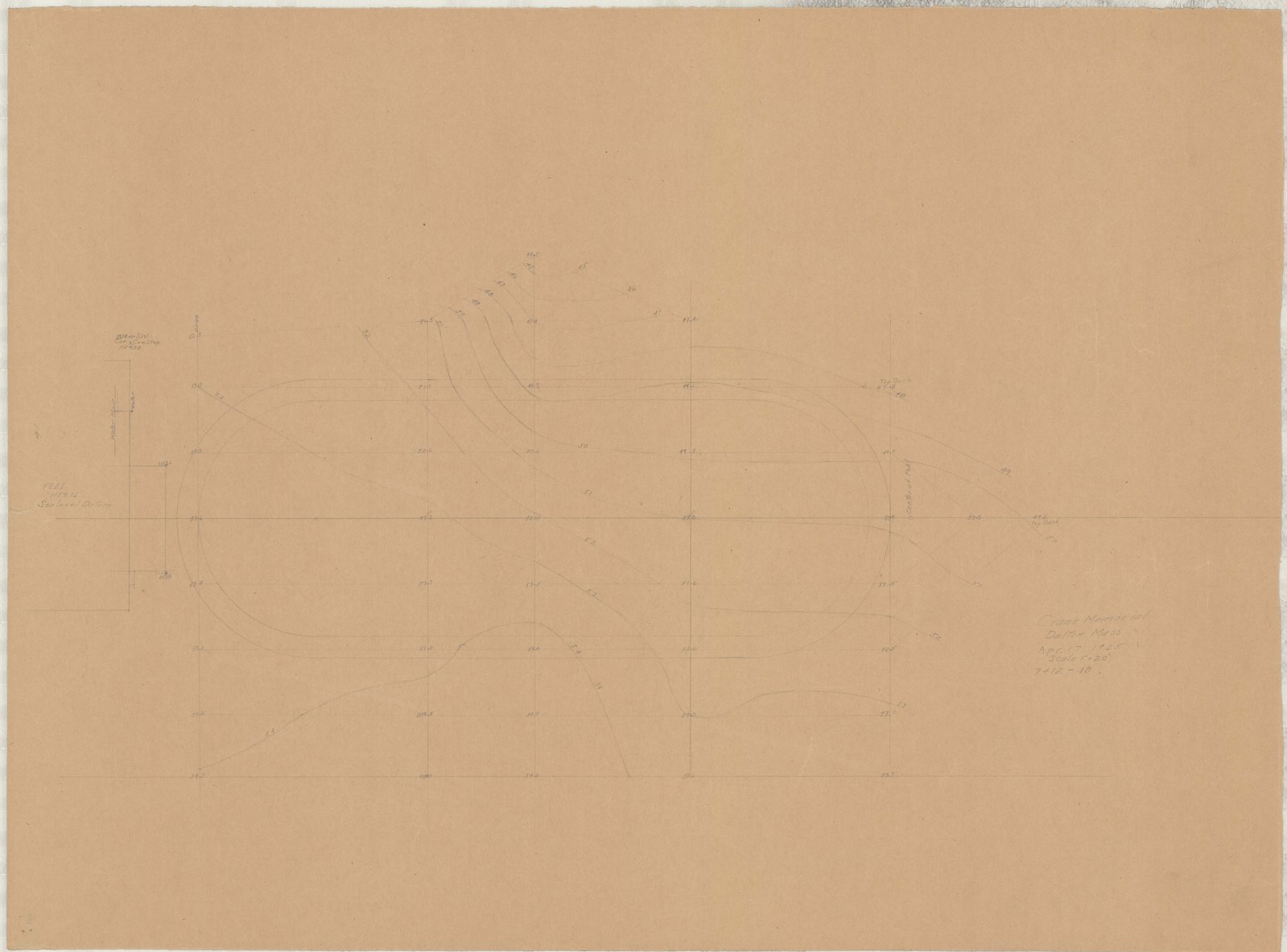 Plan 10, 17 April 1925. “Crane Memorial, Dalton, Mass. Scale 1” = 20’.” Inventory note: “Plane table sheet with contours and elevations.”