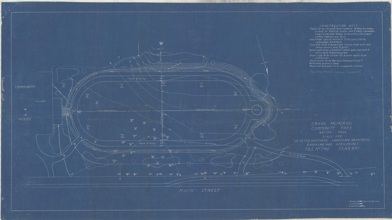 Plan 11, print 1, 24 April 1925. Inventory note: “Construction notes, key to planting areas. Notes in graphite.”