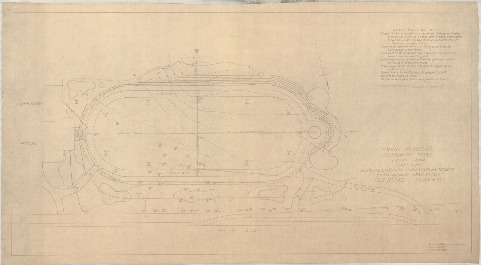 Plan 11, print 2, 24 April 1925. Inventory note: “Construction and planting notes.”