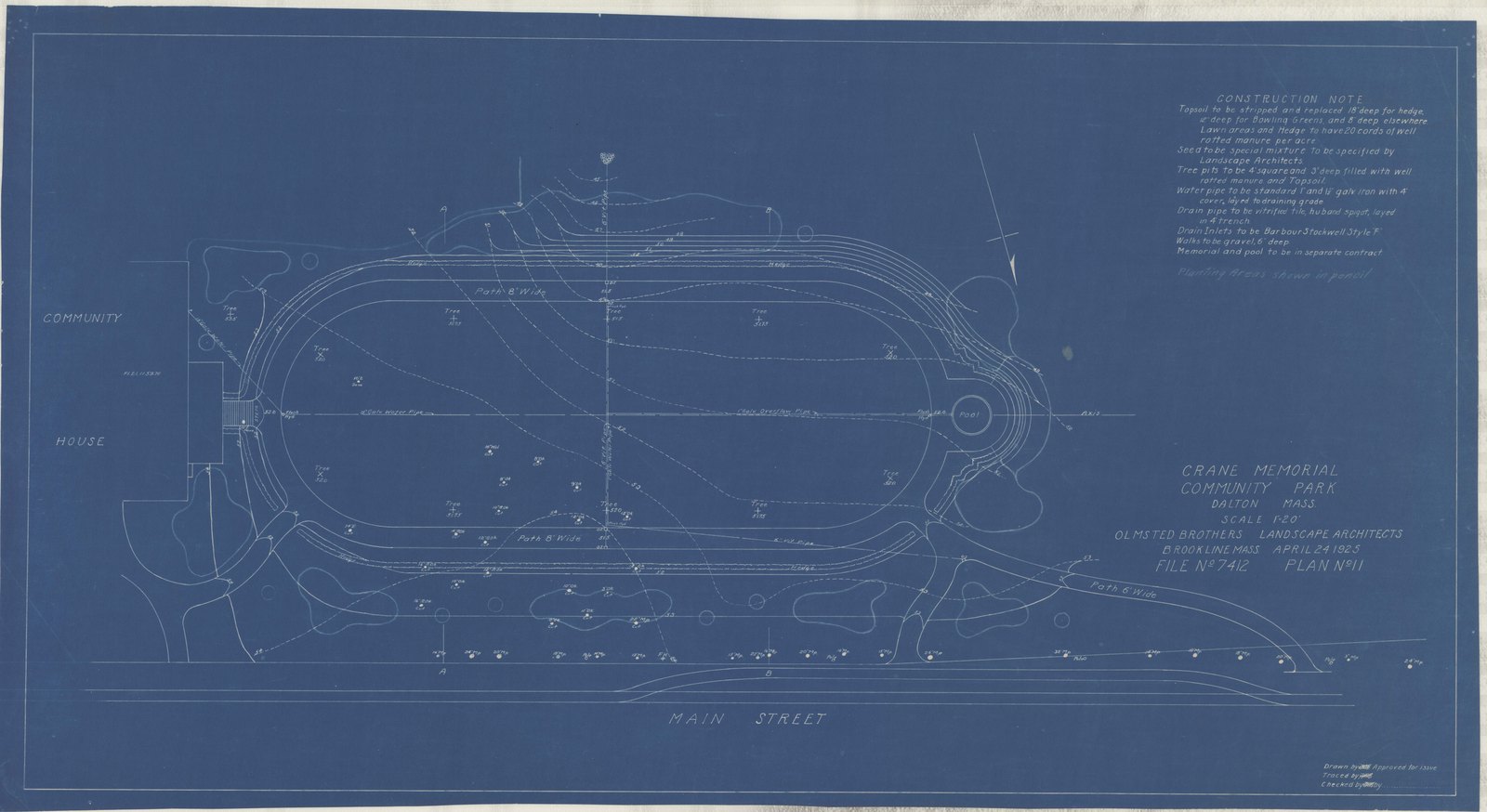 Plan 11, print 4, 24 April 1925. Inventory note: “Construction and planting notes.”