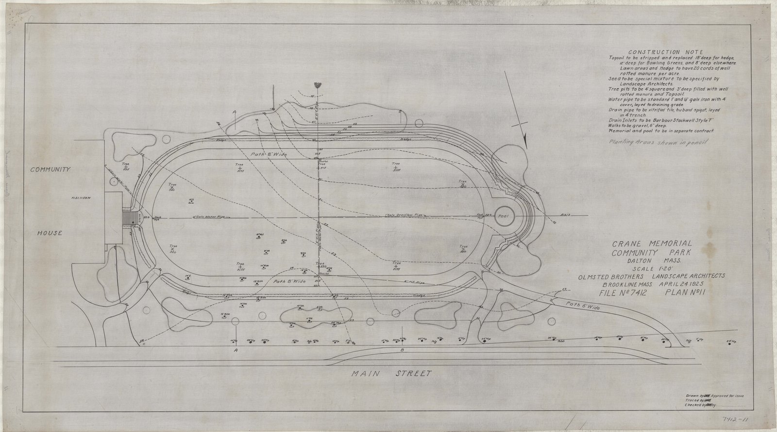 Plan 11, 24 April 1925. “Crane Memorial Community Park, Dalton, Mass.” Inventory note: “Construction note and key to planting areas.”