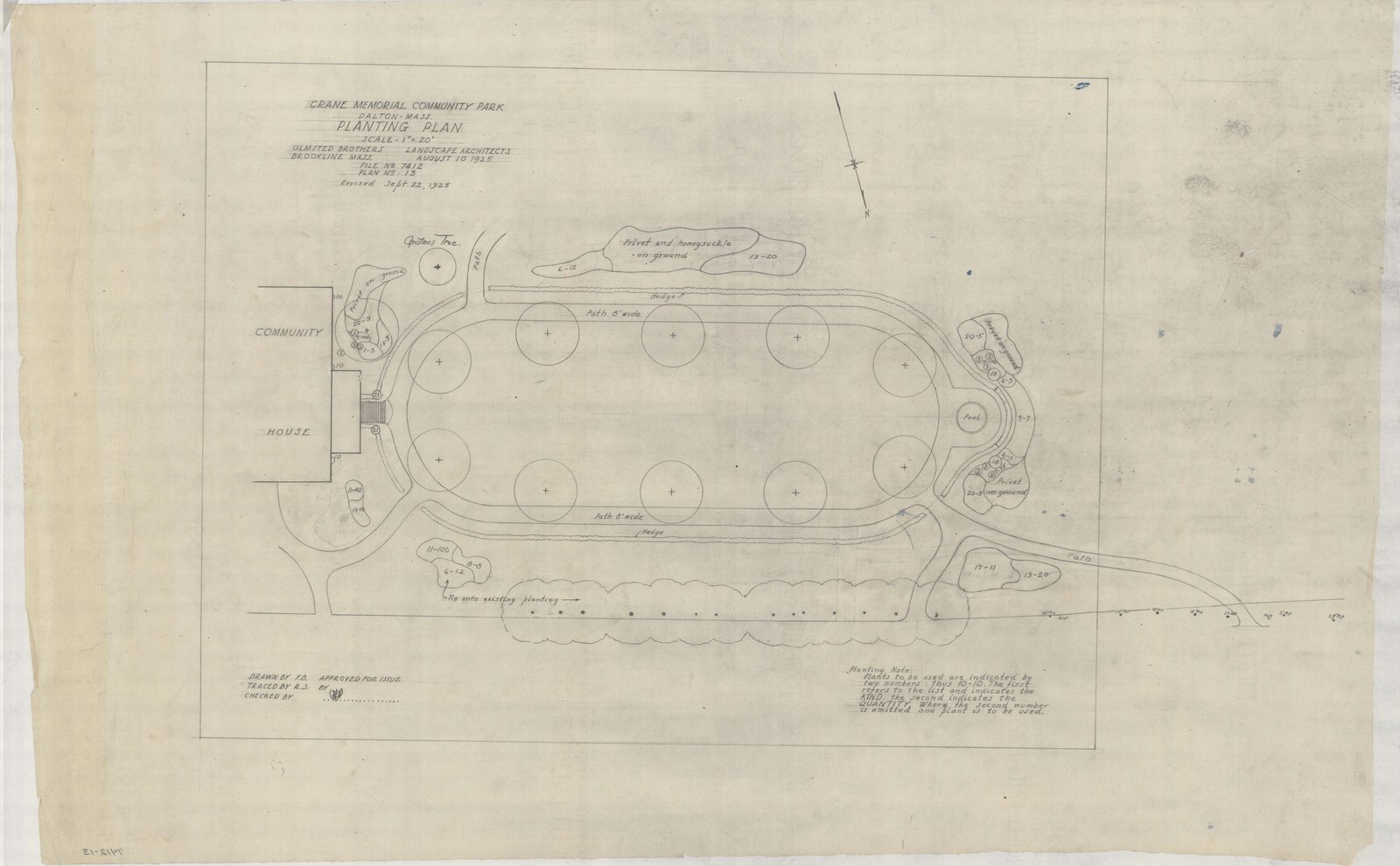 Plan 13, 10 August 1925, revised 22 September 1925. “Crane Memorial Community Park, Dalton, Mass. Planting Plan.” Inventory note: “Planting numbers and standard planting note.”
