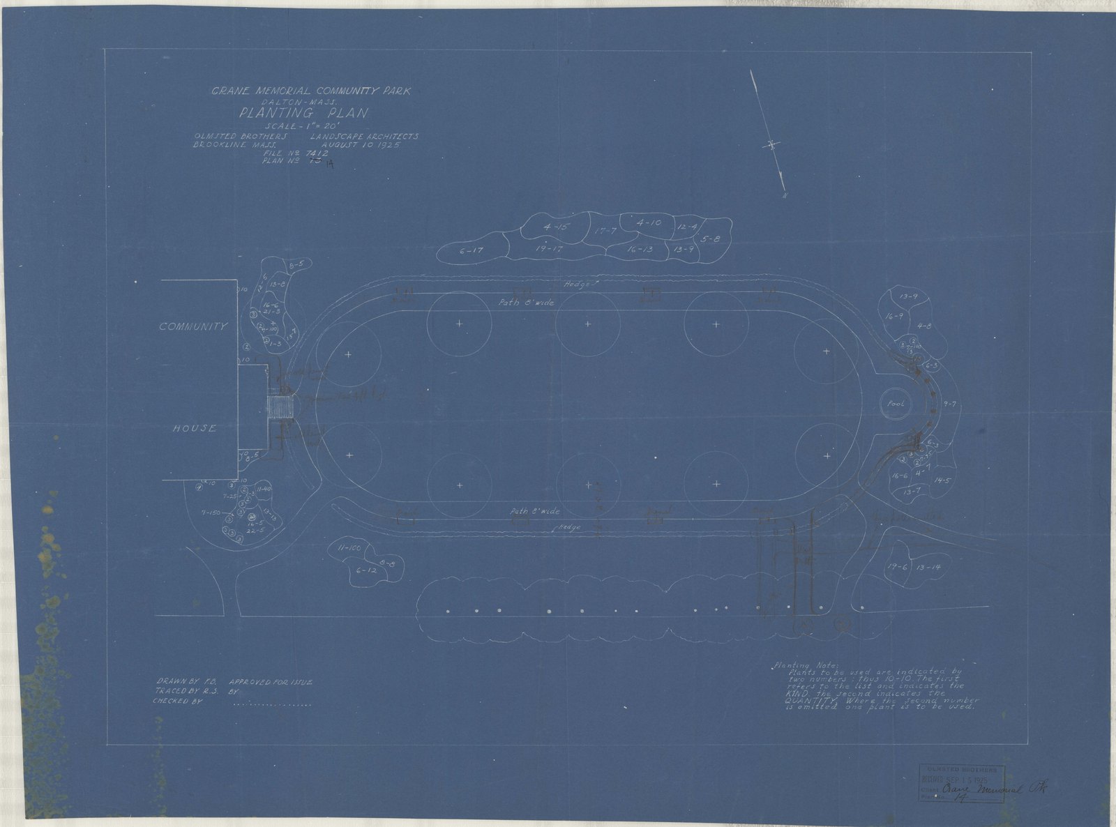 Plan 14, 10 August 1925. “Crane Memorial Community Park, Dalton, Mass. Planting Plan.” Inventory note: “Notes in graphite regards changes.”