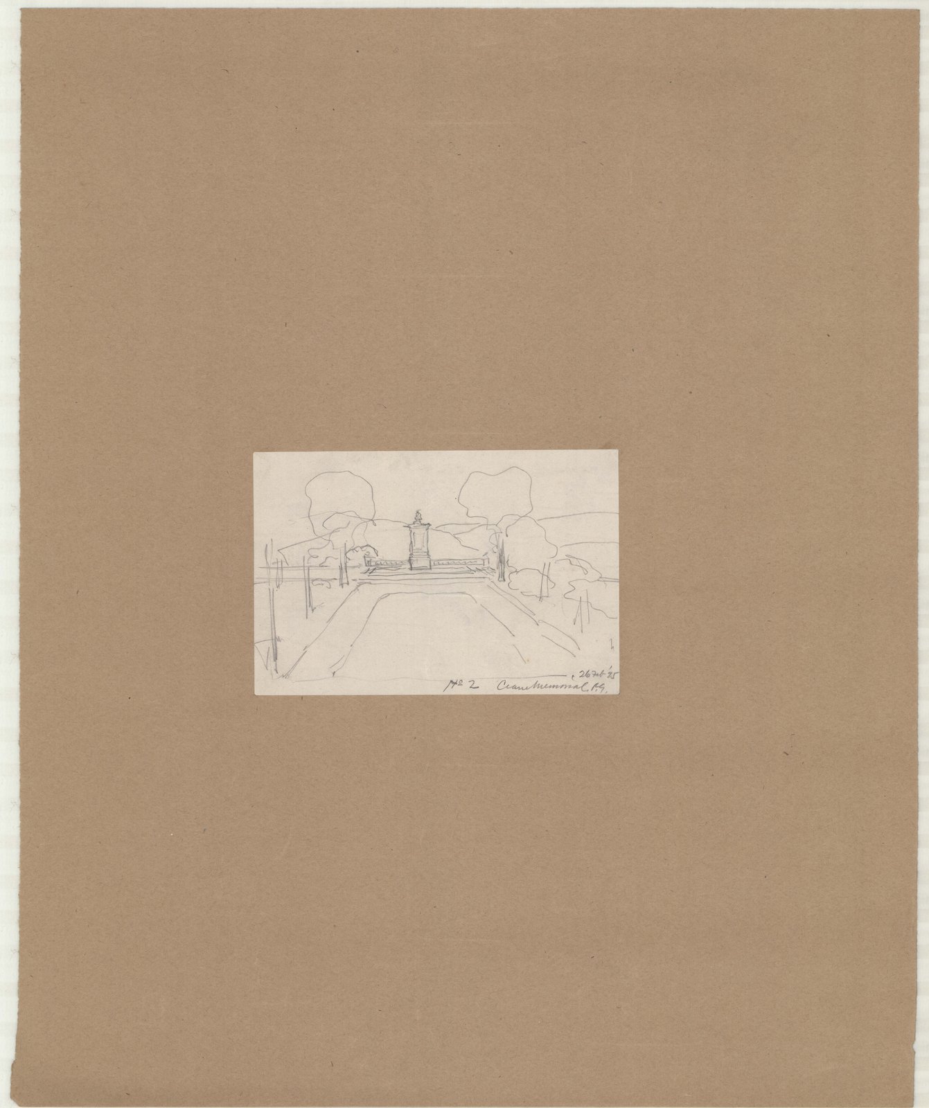 Plan 2, 26 February 1925. “Crane Memorial. Scale Perspective.” Inventory note: “Four inch by six white paper attached to brown kraft paper backing.”