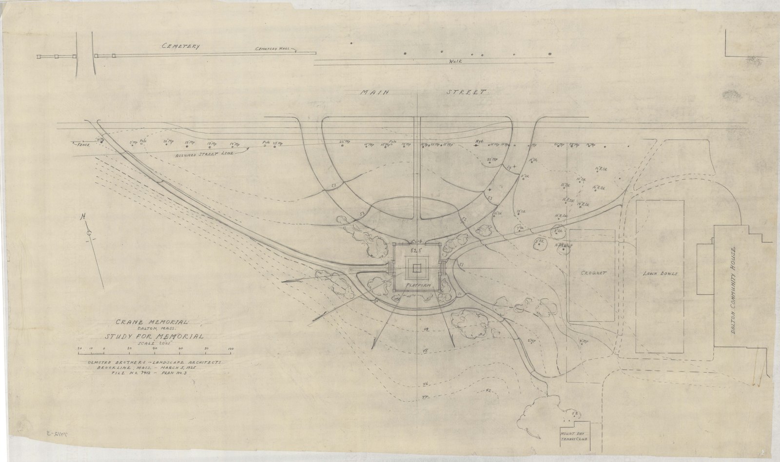 Plan 3, 5 March 1925. “Crane Memorial, Dalton, Mass. Study for Memorial. Scale 1” = 20’.” Inventory note: “Grades, trees and view lines.”