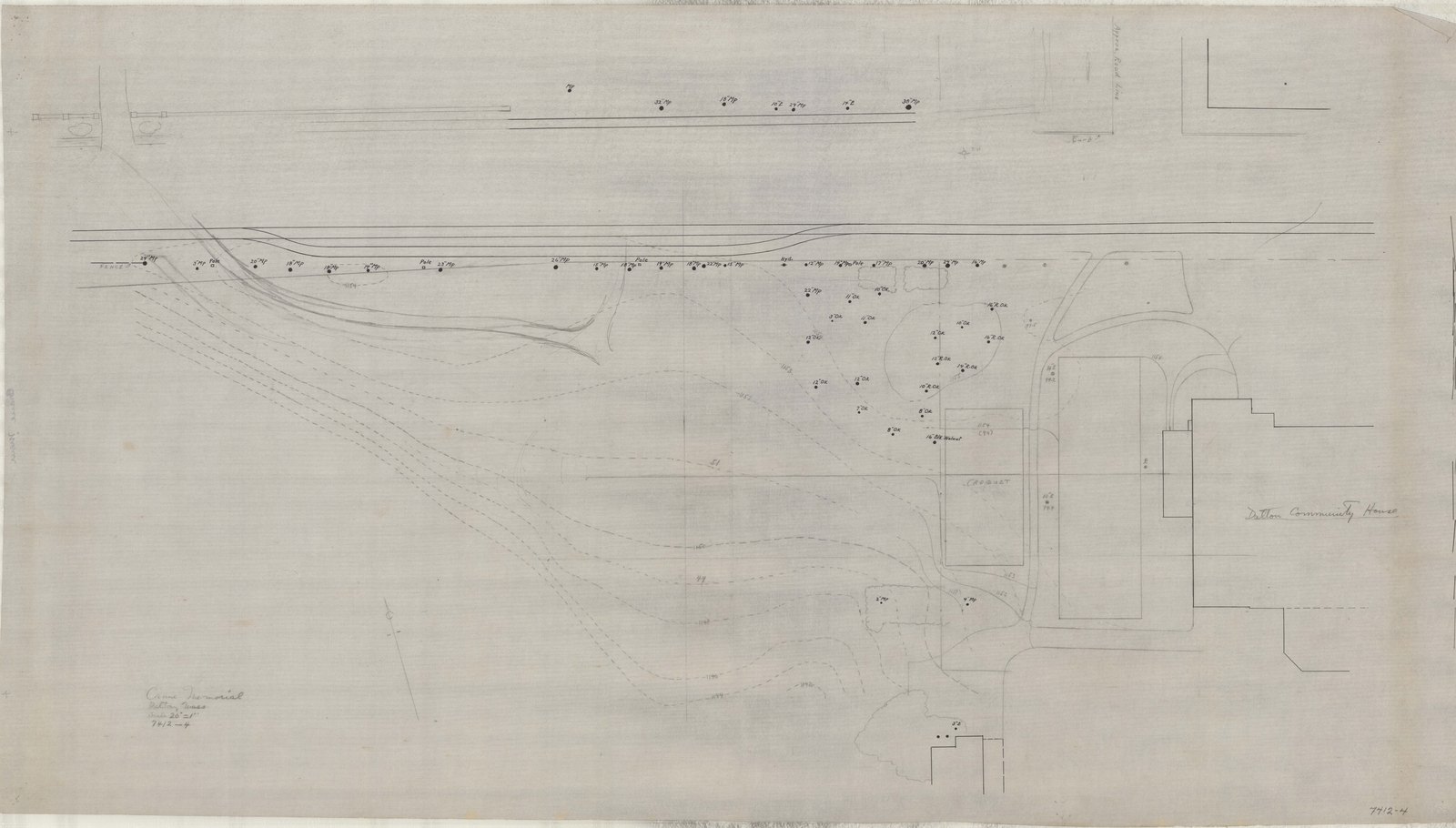 Plan 4, no date. “Crane Memorial, Dalton, Mass. Scale 1” = 20’.” Inventory note: “Grades and trees.”