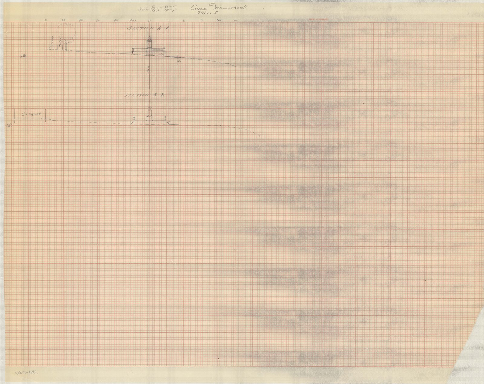 Plan 5, sheet 3, no date. “Crane Memorial. Scale Hor. 1” = 20’, Vert. 1” = 10’.” Inventory note: “Section AA & BB.”