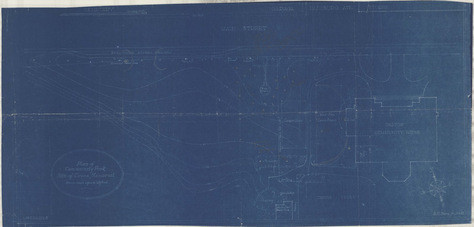Plan 7, sheet 1, 26 February 1925. “Plan of Community Park Site of Crane Memorial.” Inventory note: “Notes and existing plantings.”