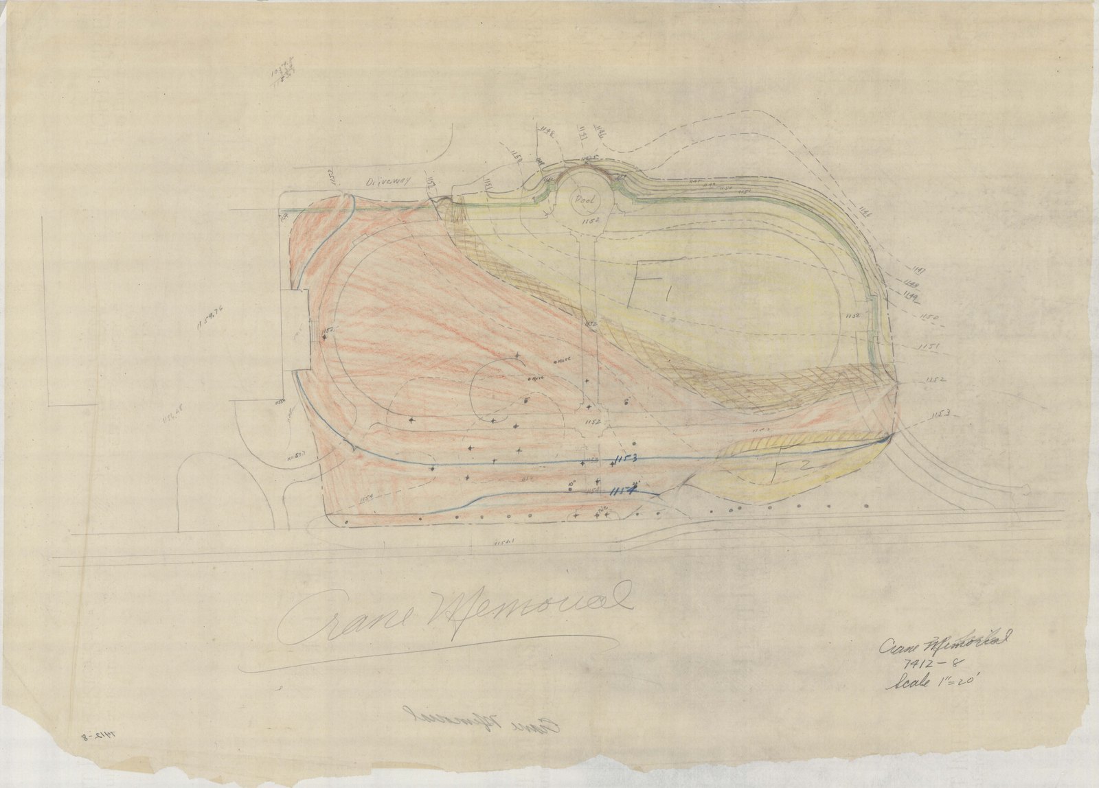 Plan 8, no date. “Crane Memorial. Scale 1” = 20’.” Inventory note: “Color rendering showing existing areas and fill.”