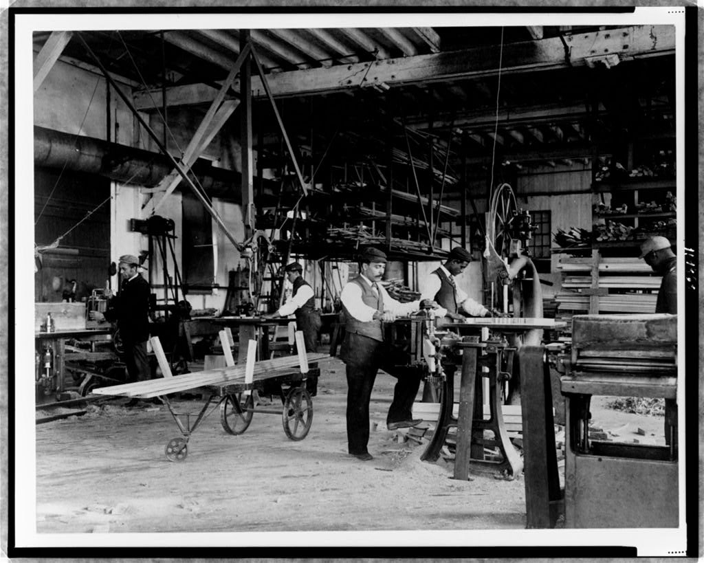 Young men training in woodworking at Hampton Institute, Hampton, Va. about 1899.