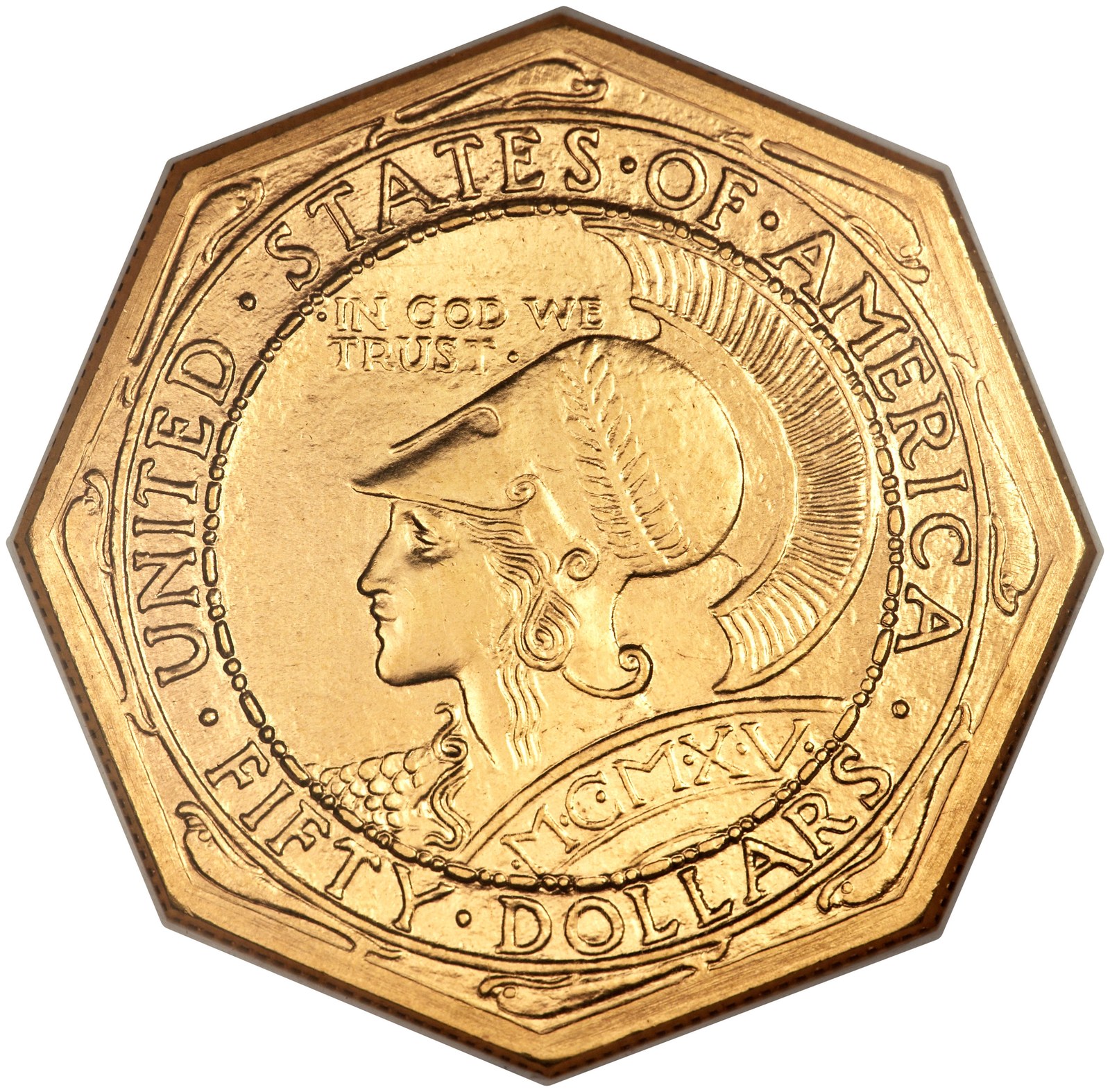 The Panama-Pacific fifty-dollar piece of 1915, octagonal — the largest denomination the United States has struck for public issue.