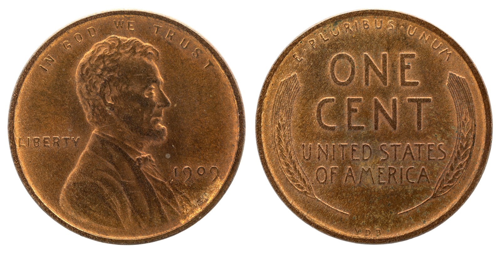 The Lincoln cent, 1909 — Victor D. Brenner’s obverse, the first widely circulating United States coin to carry a president, with the wheat-ears reverse used until 1958. Brenner’s initials on the reverse caused enough noise that the Treasury suspended production on 5 August 1909; coins without them were being struck by the twelfth. The initials came back, small, on the shoulder, in 1918. This obverse is still in your pocket.