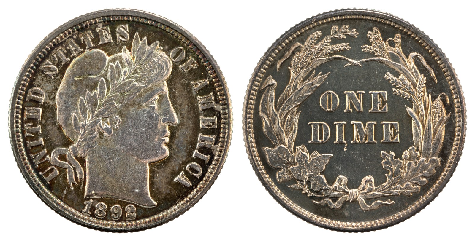 The result, and the reason the next twenty years happened: the Barber dime of 1892. Liberty in a pileus and a headband, facing right, in the flattest possible relief, with a wreath of corn, wheat, maple and oak on the back. It is not incompetent. It is a coin drawn by a man who had been told on short notice to produce something, by a Mint that had just failed to find anybody better, and it went into every pocket in the country for twenty-four years.