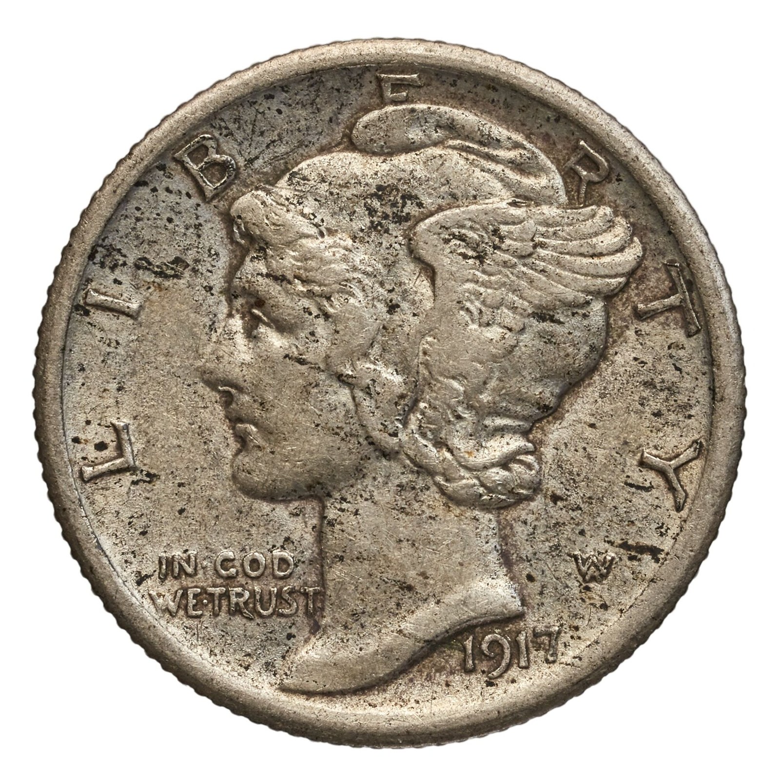 A dime. A loaf and a half of bread, or six pounds of potatoes. This is the 1916 design, a year after those prices; at 16½ cents an hour it is a little over half an hour’s work.
