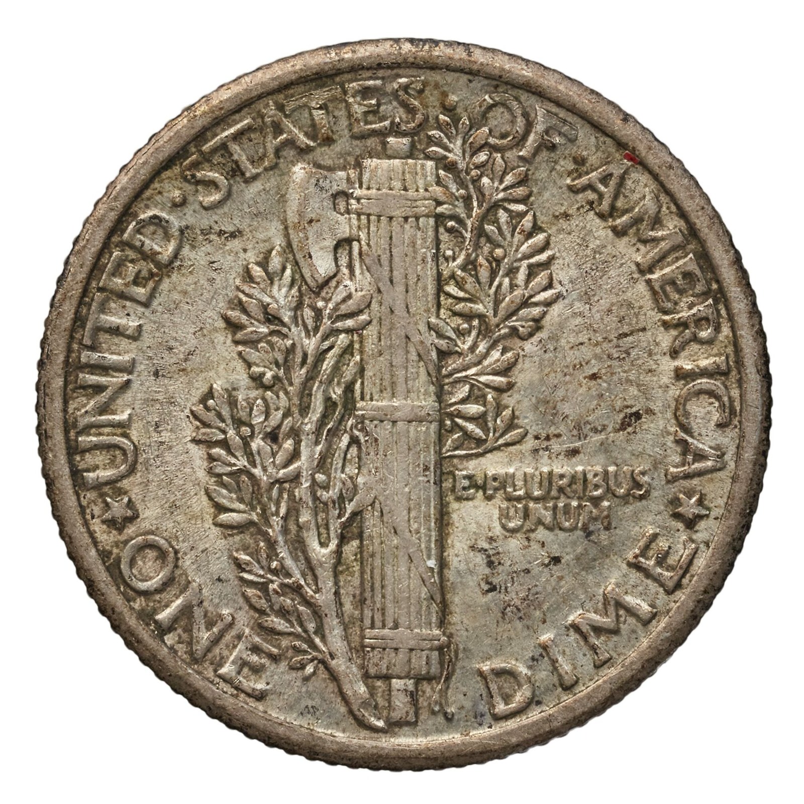 The reverse: a fasces bound beside an olive branch — strength and peace in one object, in 1916.