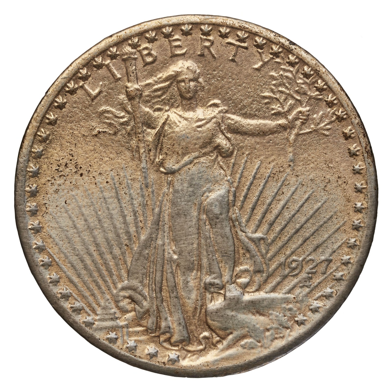 A Saint-Gaudens double eagle of 1927 — the coin as it was actually handed over a counter for a quarter of a century. Forty-eight stars now.