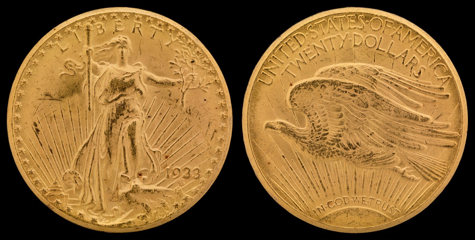 The 1933 double eagle, Smithsonian specimen — one of the two the Mint kept back when it melted the rest. Around twenty others left the building improperly; nine were recovered and destroyed between 1944 and 1952. Every one still outstanding is United States government property, and holding it is a crime.