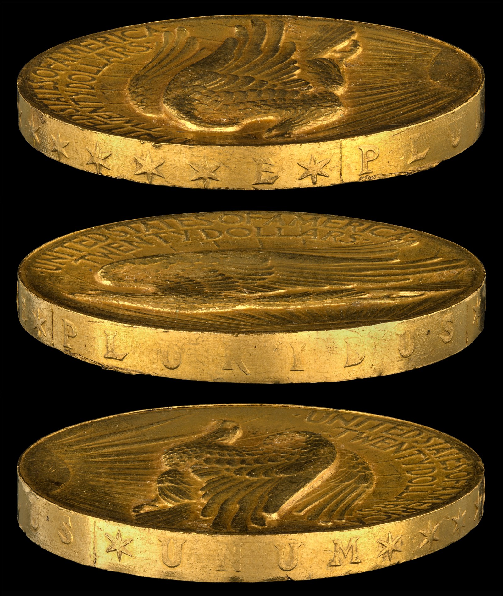 The edge of the high relief piece, photographed three times round: E PLURIBUS UNUM, lettered into the rim because there was no room left for it on either face.