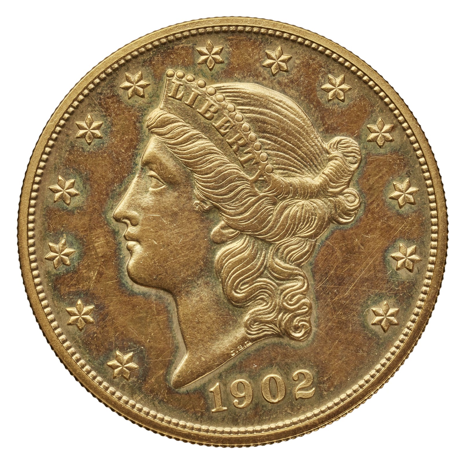 $20, the double eagle, 1902 — an ounce of gold, and very nearly a chambermaid’s month. At the 1900 servant rate it is seven weeks’ cash wage. A two-dollar-fifty tip is not the sort of thing anyone still repeats a century later. A month’s wages, handed to everybody, is.