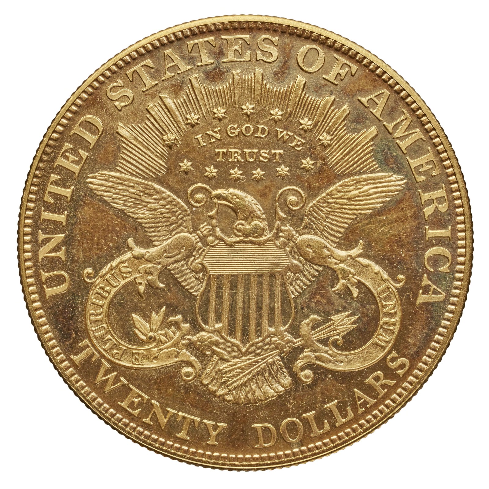 The reverse: heraldic eagle, a double ribbon reading E PLURIBUS UNUM, thirteen stars in a halo above and an arc of rays. From 1877 the denomination is spelled out, TWENTY DOLLARS.
