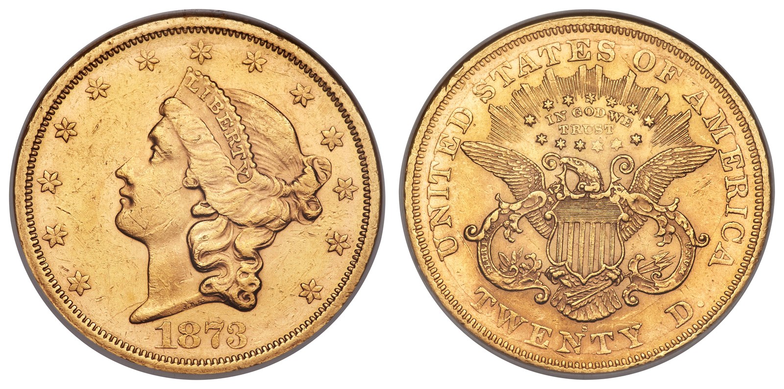 The earlier Type II double eagle of 1866–76, with the motto inside an enlarged circle of stars and the denomination still abbreviated “TWENTY D.”