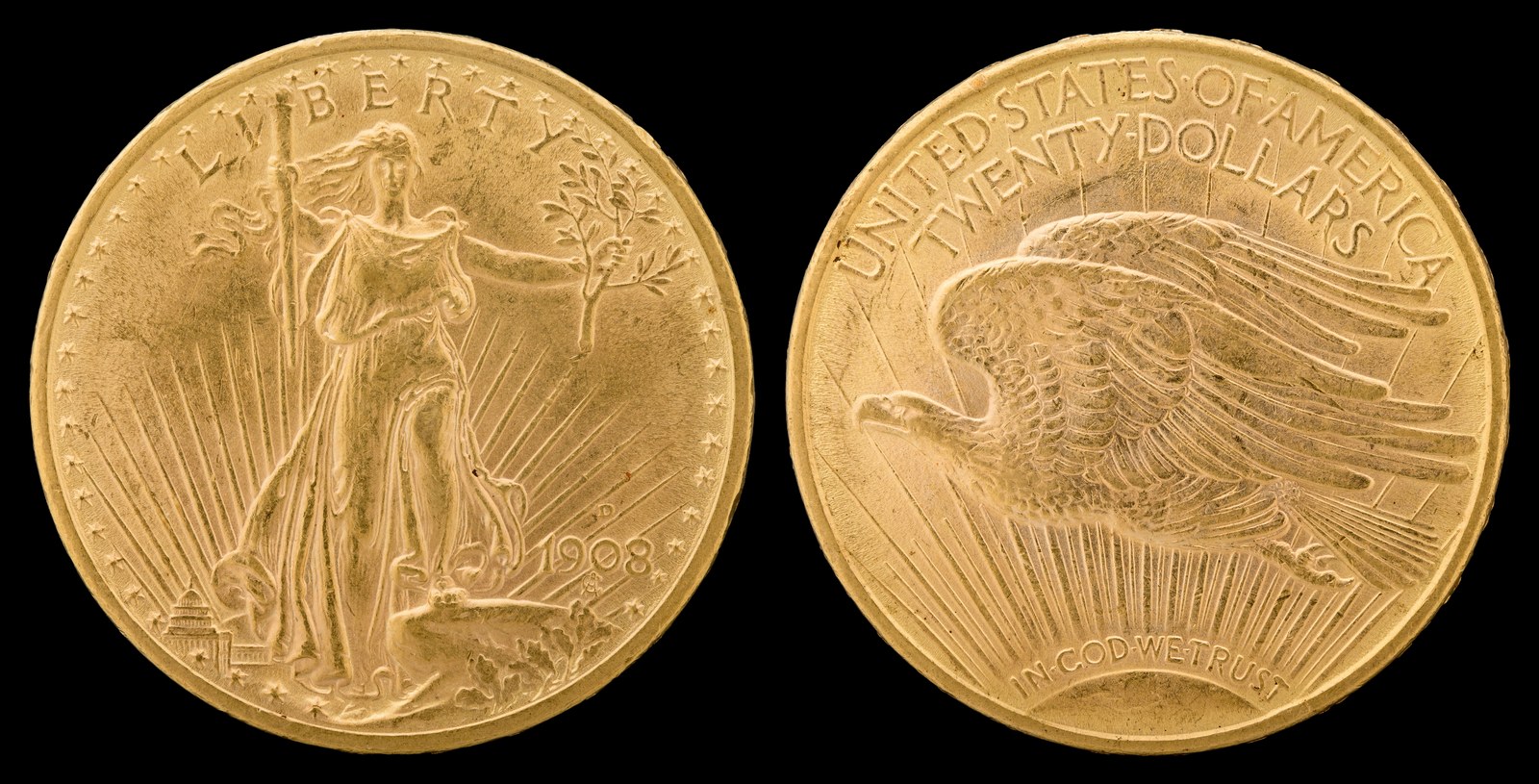 1908, with IN GOD WE TRUST restored. Saint-Gaudens and Roosevelt had left the motto off; Congress put it back by the Act of 18 May 1908, and Barber added it.