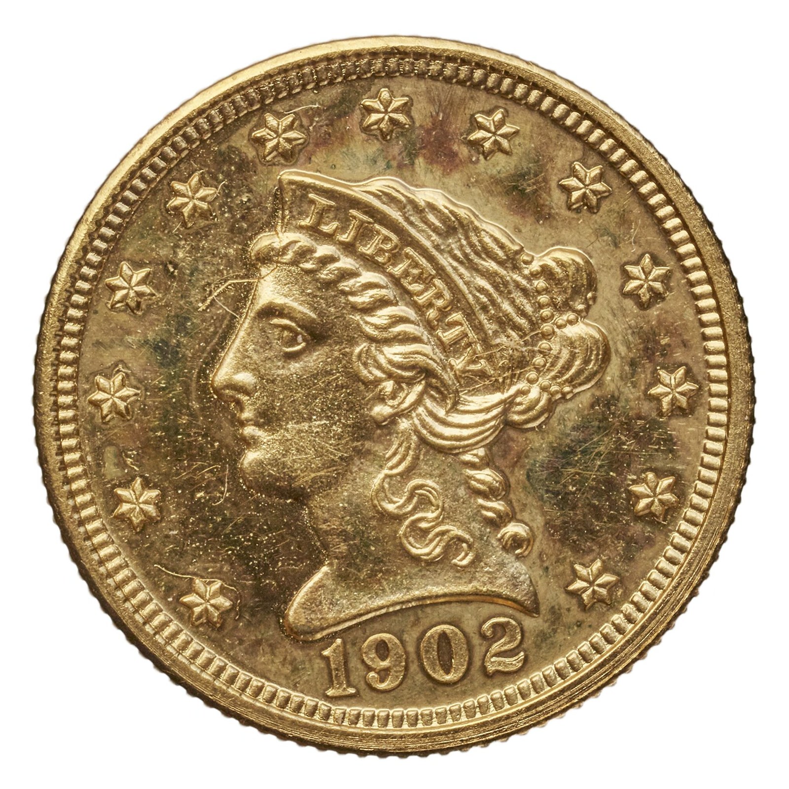$2.50, the quarter eagle, dated 1902. Against a chambermaid at $20 a month this is four days. Against the 1900 national servant wage of $144 a year plus board, it is six days. It is the smallest gold coin anybody could be handed after 1889, and it is a gesture.