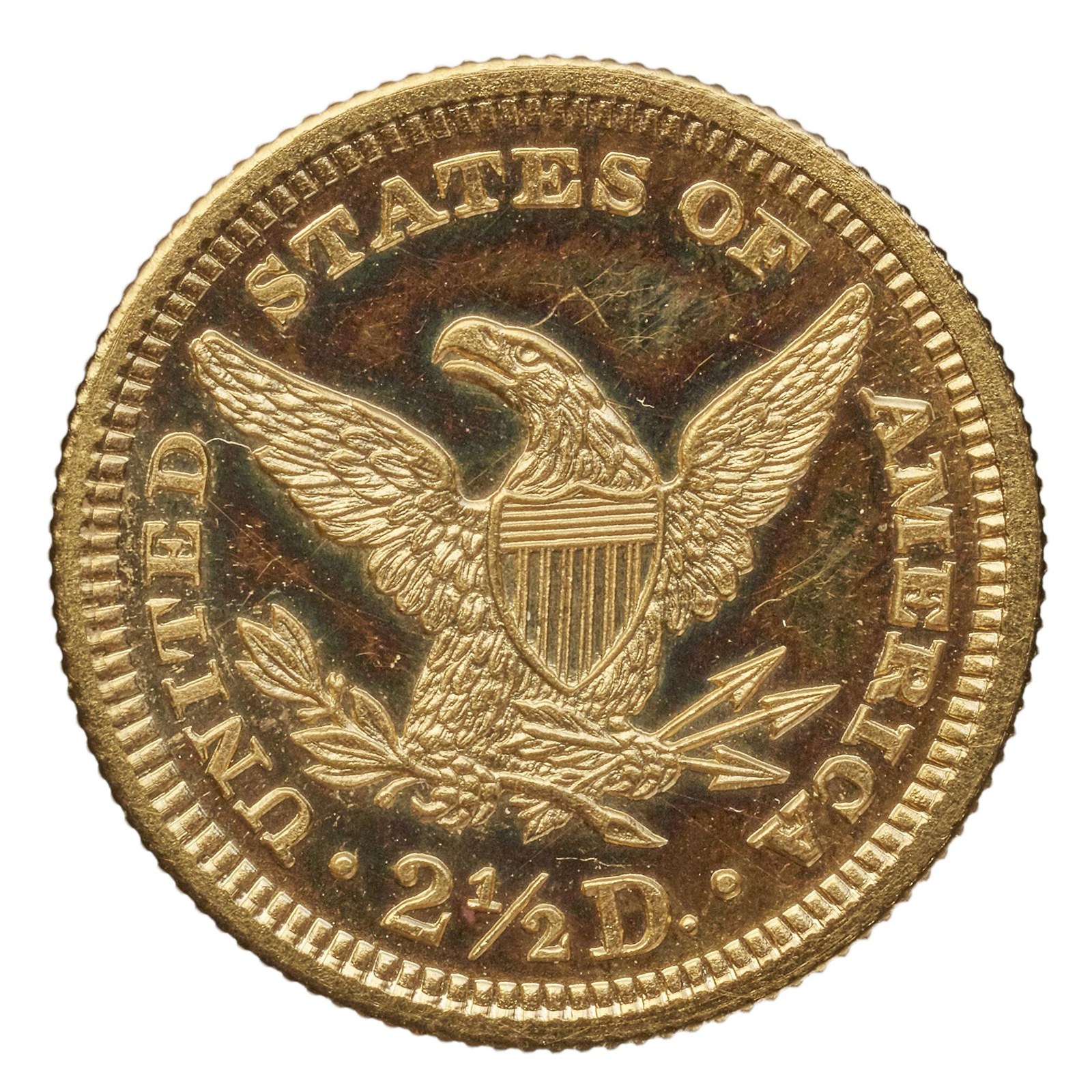 The reverse: a left-facing eagle, Union shield on the breast, olive branch in the right claw and three arrows in the left.