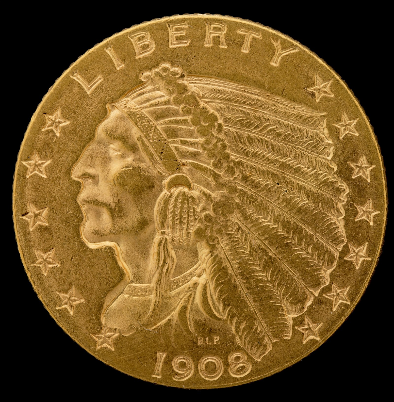 Pratt’s incuse quarter eagle, 1908. The head is sunk below the field rather than standing above it — the only United States coins ever made this way.