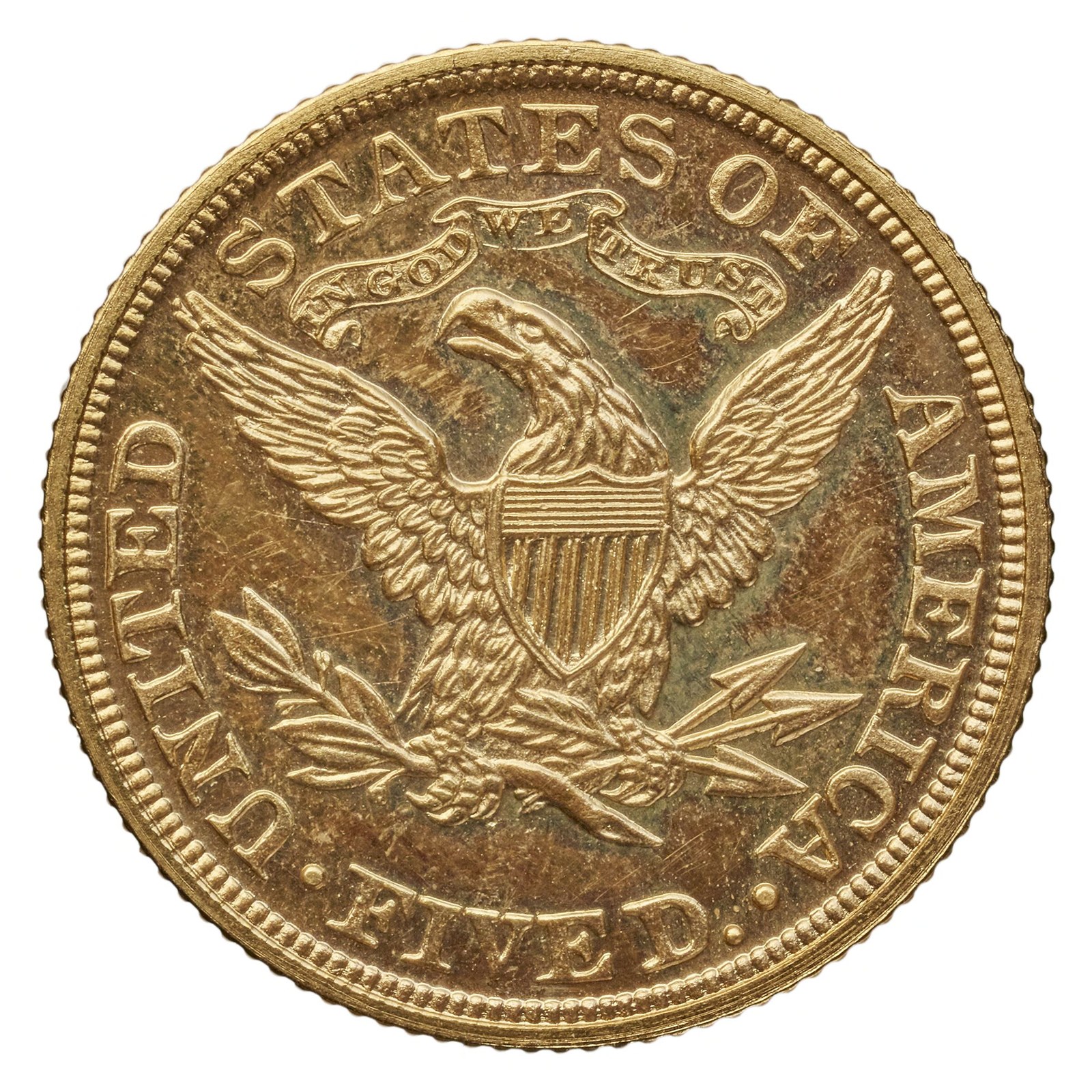 IN GOD WE TRUST was added above the eagle from 1866; the denomination went from “5 D.” to “FIVE D.”