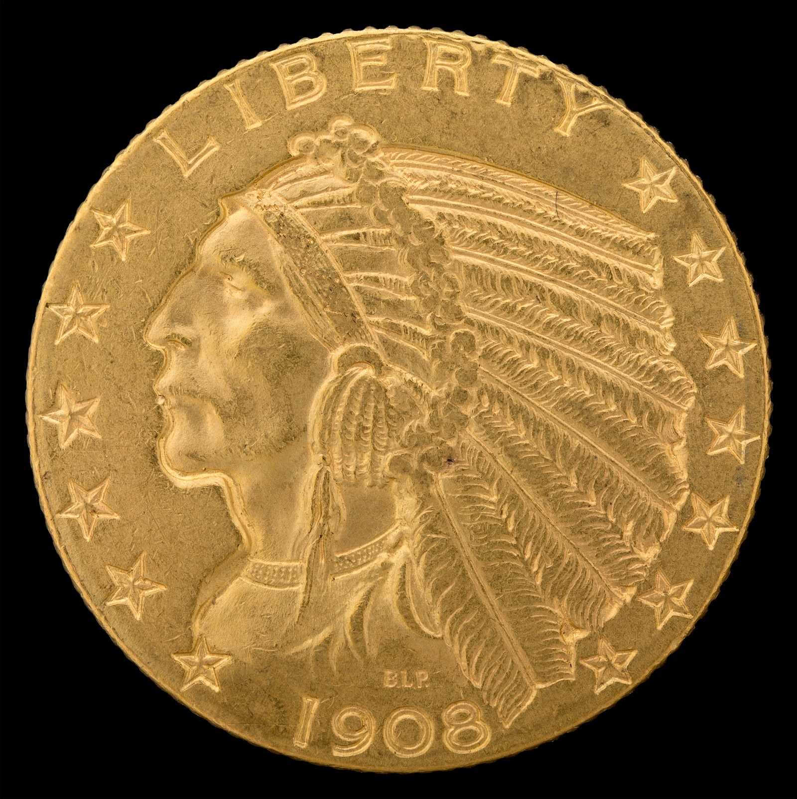 The half eagle in the same treatment, struck 1908–16 and again in 1929.