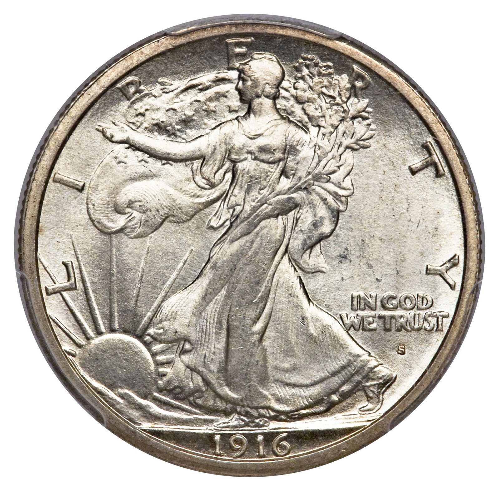 A half dollar, the 1916 Walking Liberty. A pound of butter and two pounds of bread, and fourteen cents left. Forty of these make the double eagle above.