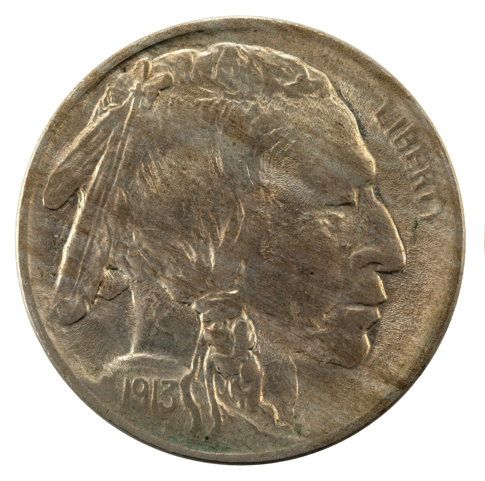 The Buffalo nickel, 1913, by James Earle Fraser. He named Iron Tail, Big Tree and Two Moons among his models and wrote that “my purpose was not to make a portrait but a type.”