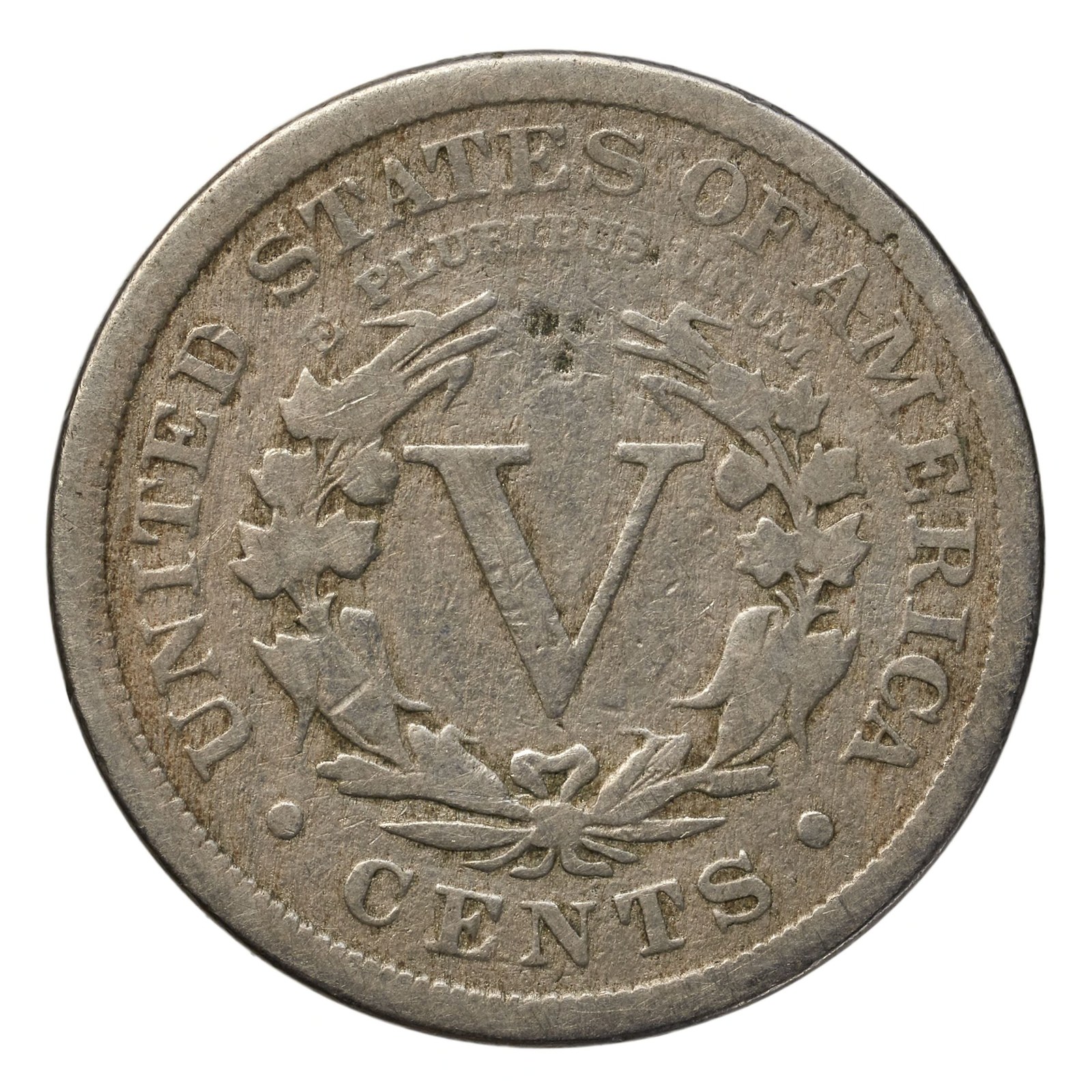 The Roman numeral V in a wreath. The first 1883 coins omitted the word CENTS and were gold-plated and passed as five-dollar pieces; CENTS was added on 26 June 1883.