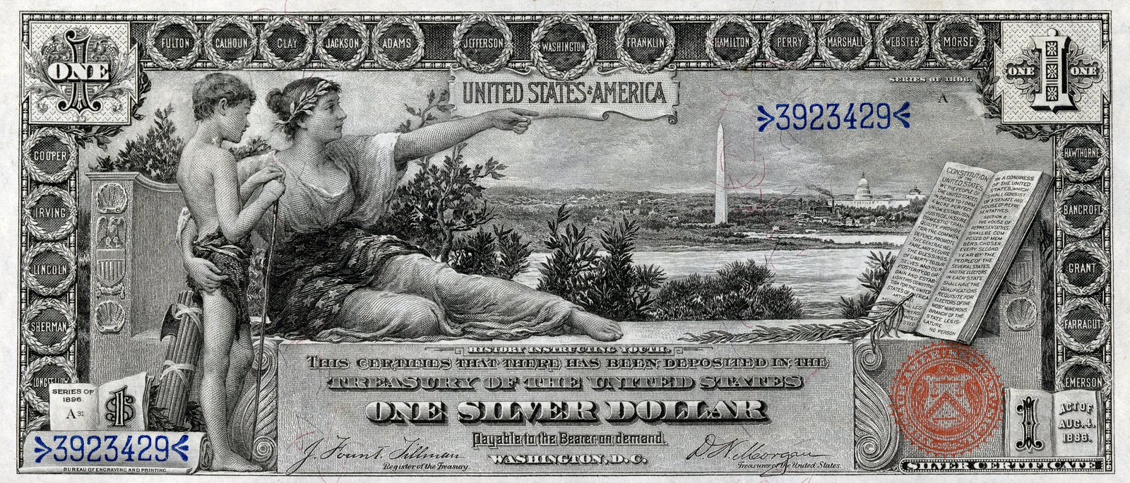One dollar: History Instructing Youth, by Will H. Low, engraved by Charles Schlecht. The Washington Monument and the Capitol are in the distance. The back carries Martha and George Washington.