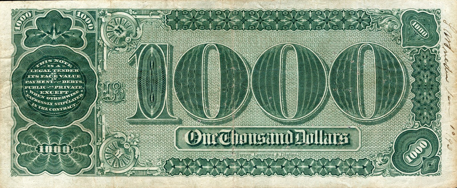 The back, and the reason for the name: the zeros look like watermelons. Collectors call the thousand the Grand Watermelon. Wikipedia’s account attaches the name to the variety catalogued Fr.379b and counts seven known, three of them in collectors’ hands; the Smithsonian’s note is Fr.379a. A Fr.379b sold at Heritage Auctions on 10 January 2014 for $3,290,000, a world record for paper currency.