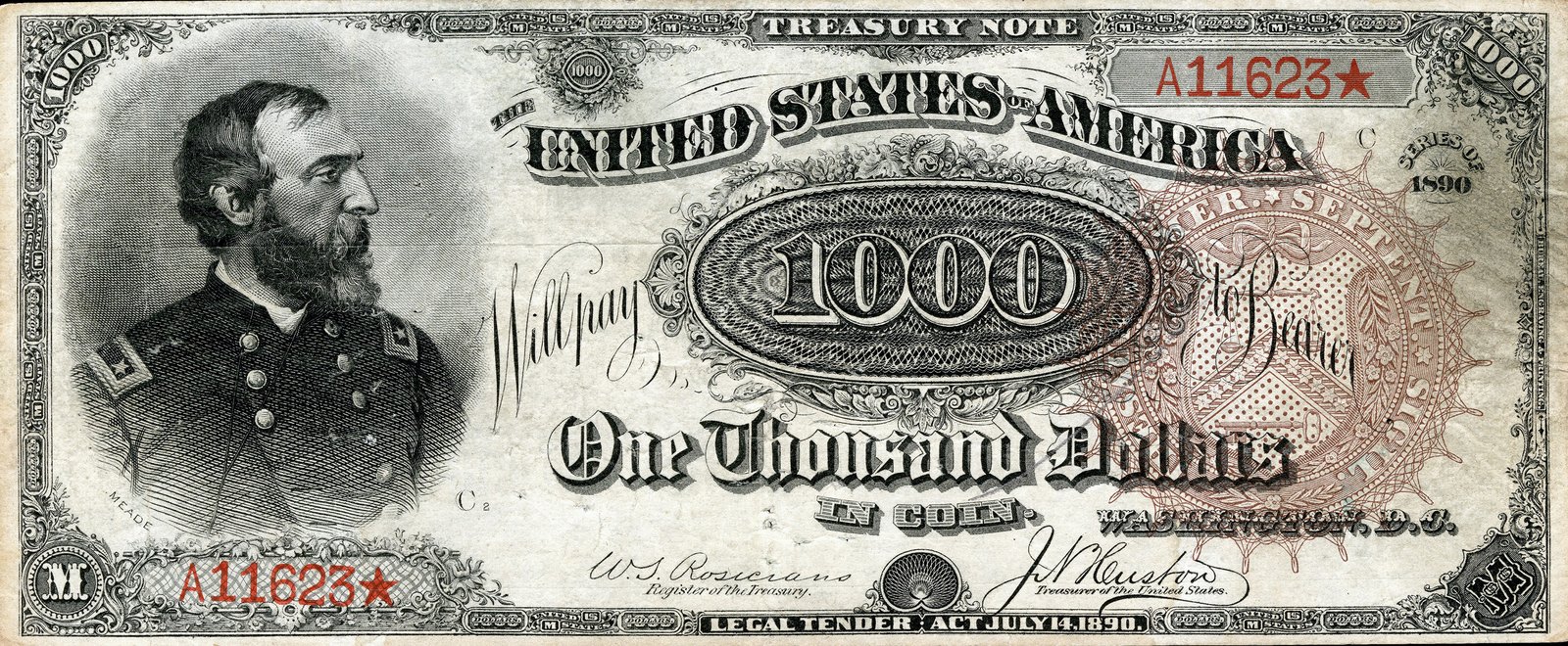 One thousand dollars, Treasury note, Series 1890. George G. Meade. “In coin” is printed under the denomination; the Treasury decided which coin.