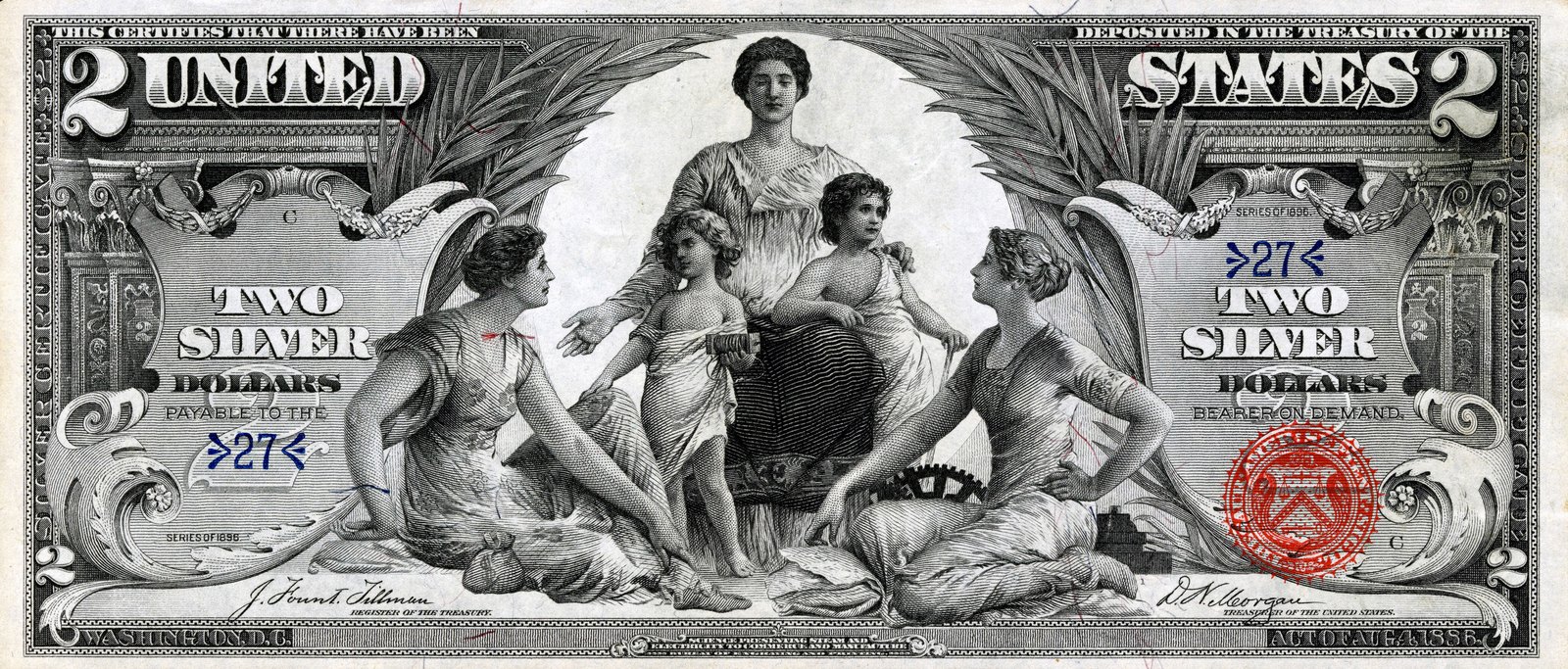 Two dollars: Science Presents Steam and Electricity to Commerce and Manufacture. The central figures are Edwin H. Blashfield’s, engraved by G. F. C. Smillie. Robert Fulton and Samuel F. B. Morse are on the back.