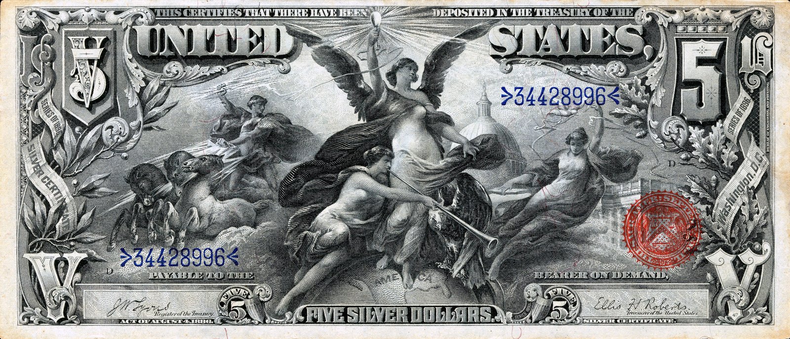 Five dollars: Electricity as the Dominant Force in the World, by Walter Shirlaw. The figures are partly bare. Boston society women are said to have objected and some bankers to have refused the note; that “banned in Boston” began here is also said, and has not been shown.