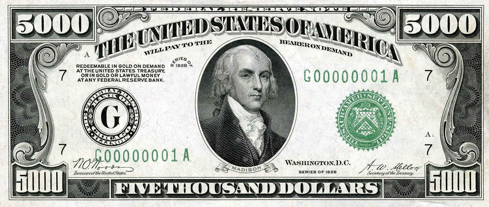 Five thousand dollars, Series 1928, James Madison.