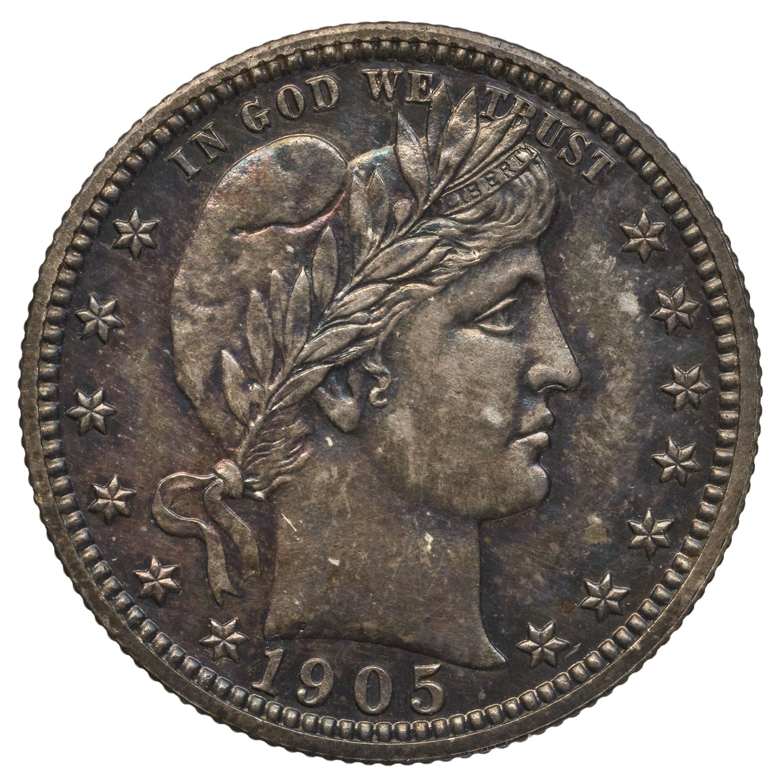 The Barber quarter, 1892–1916. The same Liberty as the dime, with IN GOD WE TRUST above and thirteen stars around.