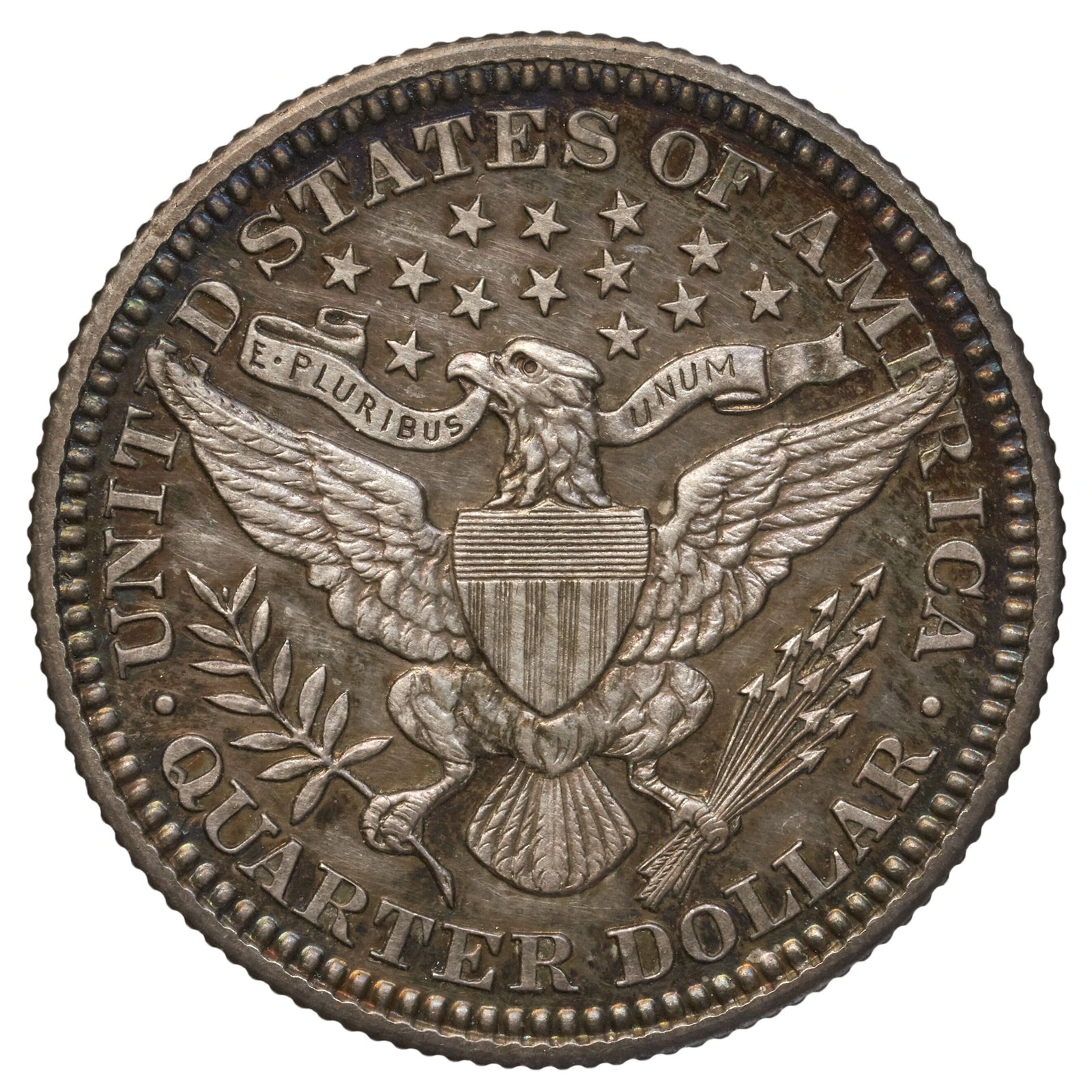 The heraldic eagle taken from the Great Seal, a scroll reading E PLURIBUS UNUM in its beak.