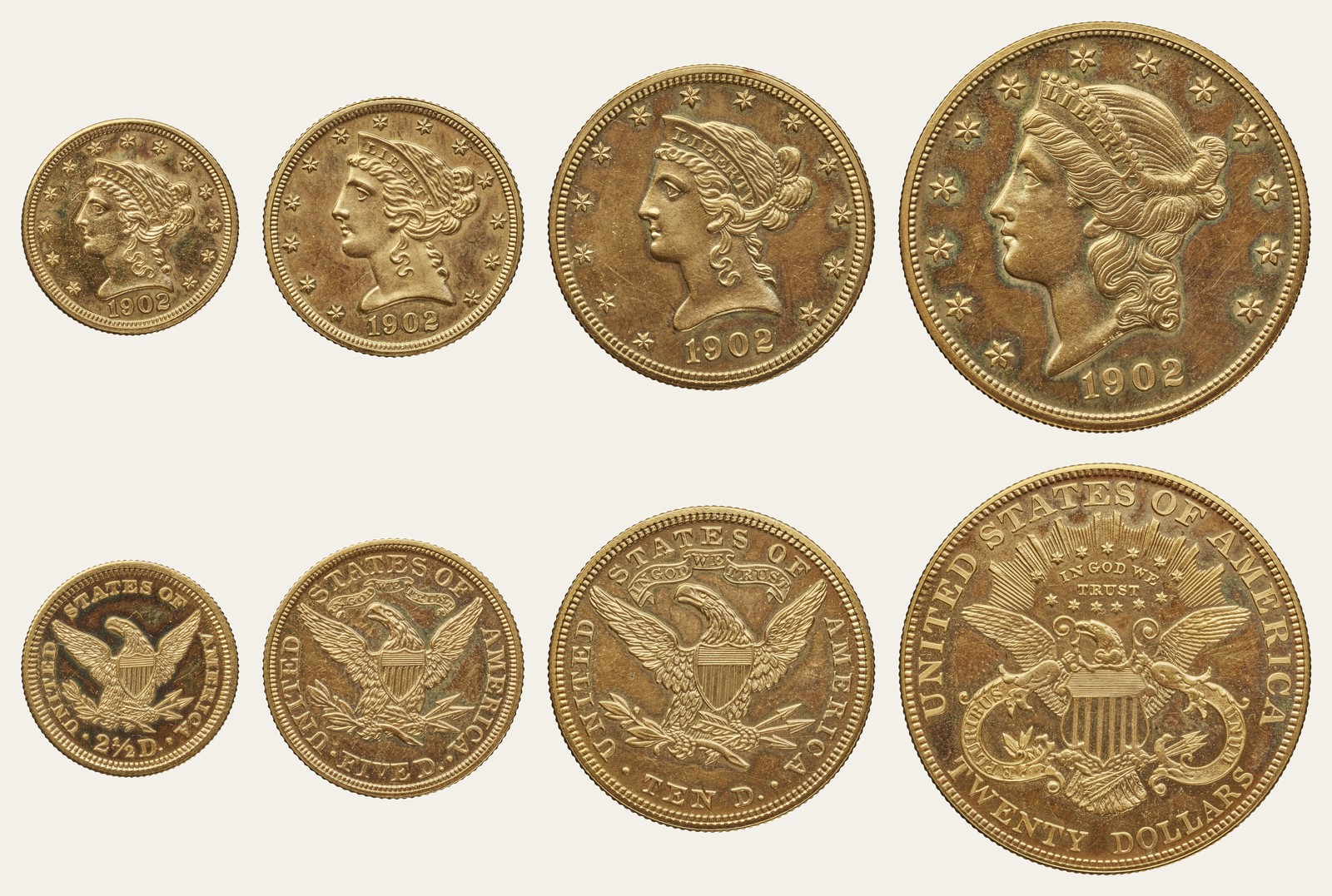 All four gold denominations of 1902 at their true relative size — obverse above, reverse below, cut to the rim and set on one scale. The reverses name themselves: 2½ D., FIVE D., TEN D., TWENTY DOLLARS. The double eagle is worth eight times the quarter eagle and holds exactly eight times the gold, 4.18 grams against 33.44, but it is nothing like eight times as wide. Gold is bought by weight, weight goes with volume, and volume goes with the cube of the width — so eight times the metal is only twice across. The coin worth a month of somebody’s life is an inch and a third.