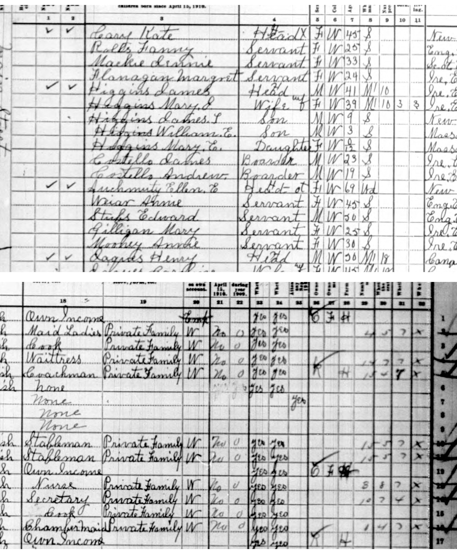 A page of the 1910 census for Main Street, Lenox, showing four servants with their occupations