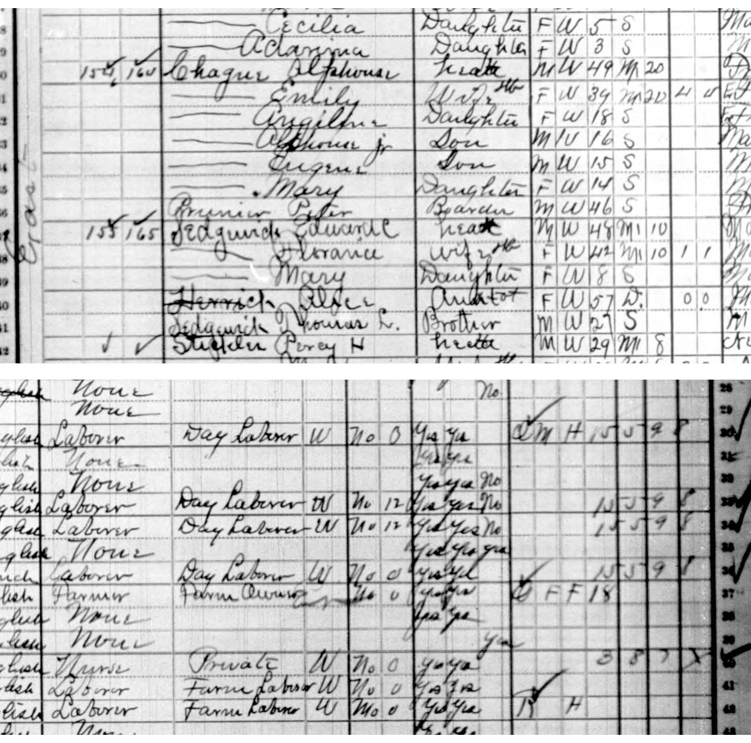 Lenox, 1910. Dwelling 154, family 164. The father is a day laborer; so are both sons, sixteen and fifteen years old, and both had been out of work for twelve weeks of the previous year.