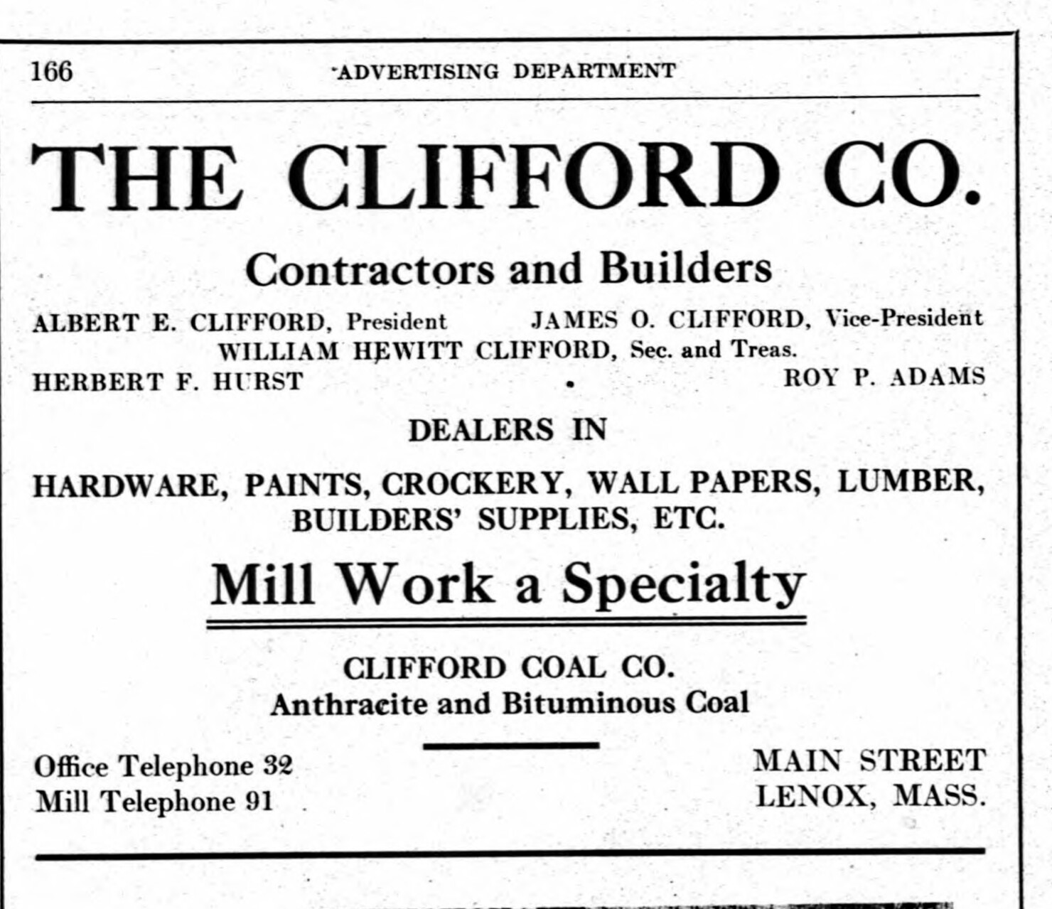 The advertisement the carving entry points to. “Contractors and Builders.” Five names, five lines of stock, two telephone numbers, and a coal company. The word carving does not appear.