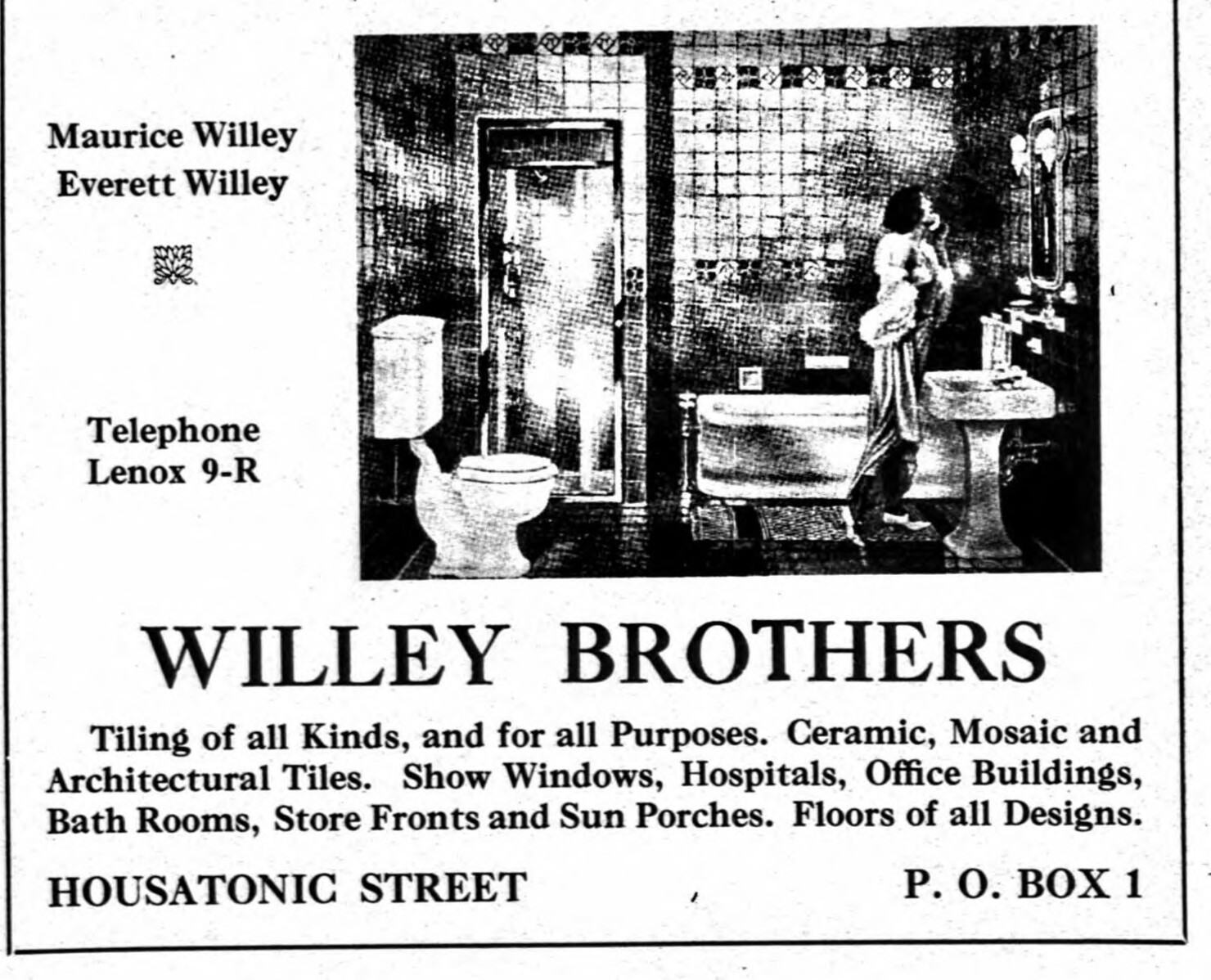 Directly below the Clifford advertisement, the town’s only tiling firm, with a halftone of a finished bathroom — the one image of a completed interior anywhere in the Lenox advertising pages.
