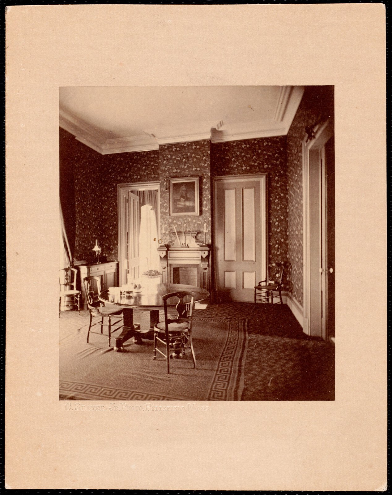 Dormers: interior, dining room. About 1890–1930. The same room as a flat print.