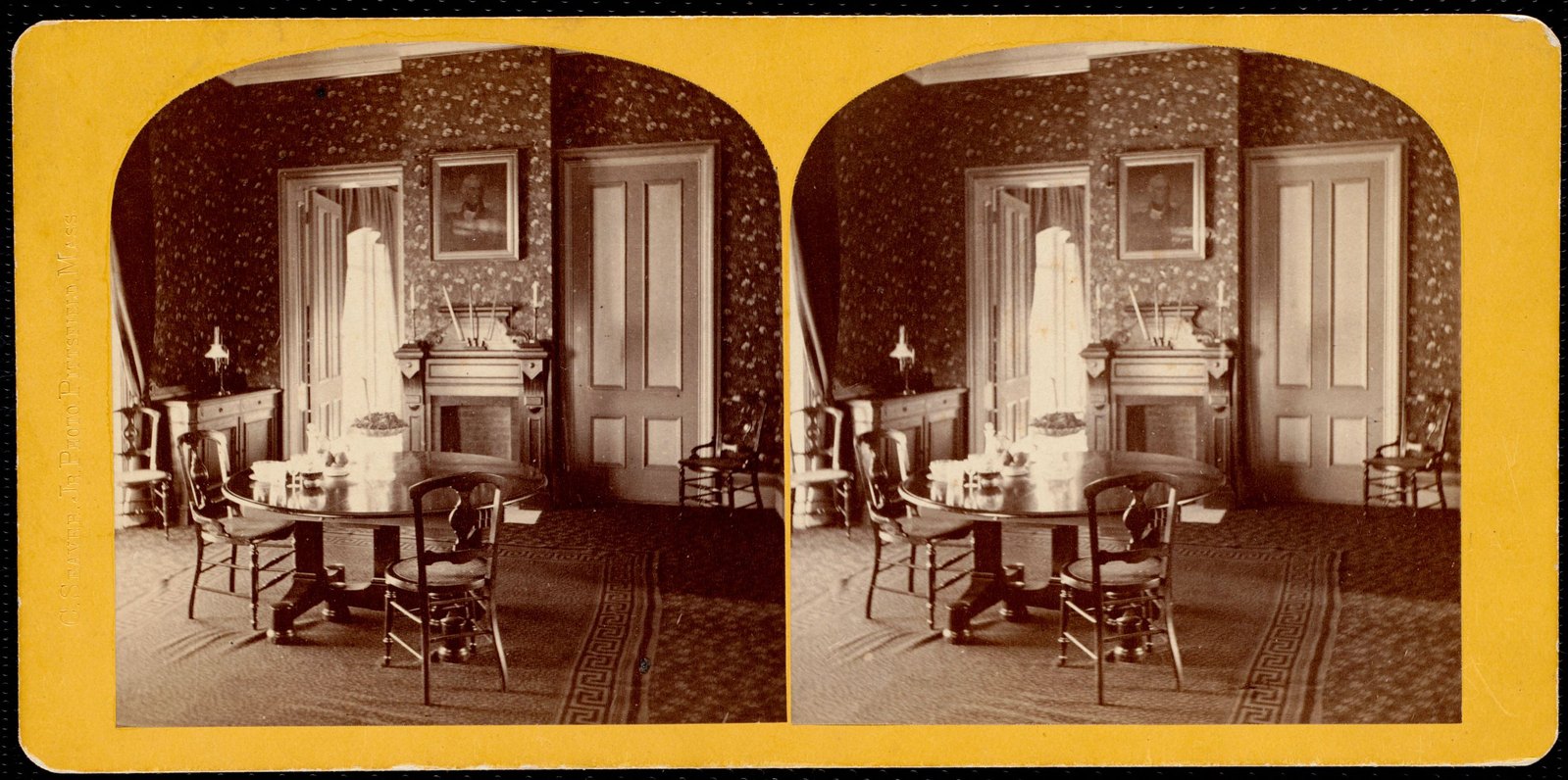 Dormers: interior, dining room. About 1868–1893. A stereograph on a yellow mount.