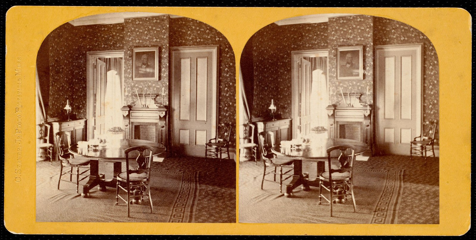 Dormers: interior, dining room. About 1868–1893. The second of three stereo views of the same room.